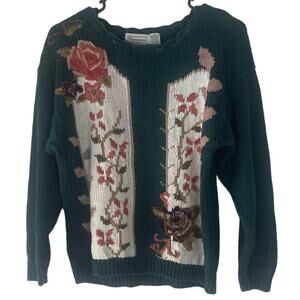 Shenanigans Vintage 90s Women's Size Medium Rose Floral‎ Crochet Green Sweater